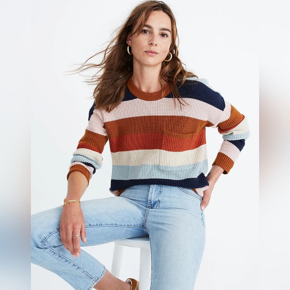 Madewell Thompson Pocket Pullover Crewneck Sweater in Rainbow Stripe XXL